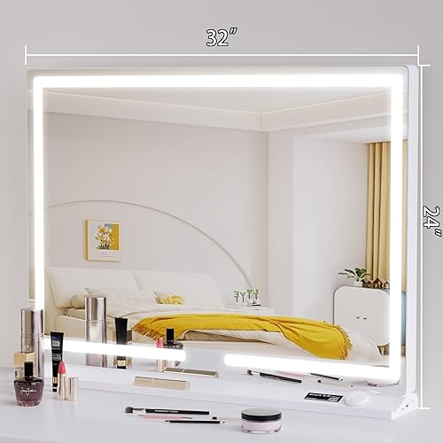 Miniatura 6 de LOWIXI Espejo de maquillaje LED con luces para niñas de 32 x 24 pulgadas, 3 modos de color, controles de perilla, puerto de carga USB, marco de