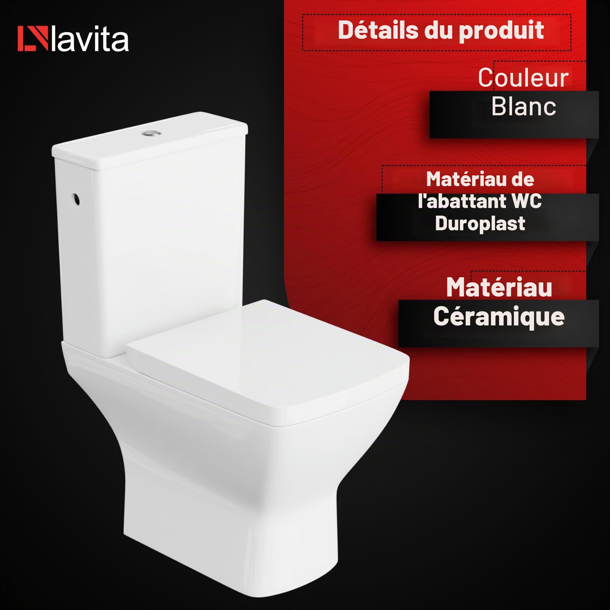 Lavita Toilette debout monobloc avec réservoir de chasse intégré LOTUS | Cuvette de WC en céramique sans rebord avec abattant à fermeture automatique Set de cuvette de toilette et de bac à urine