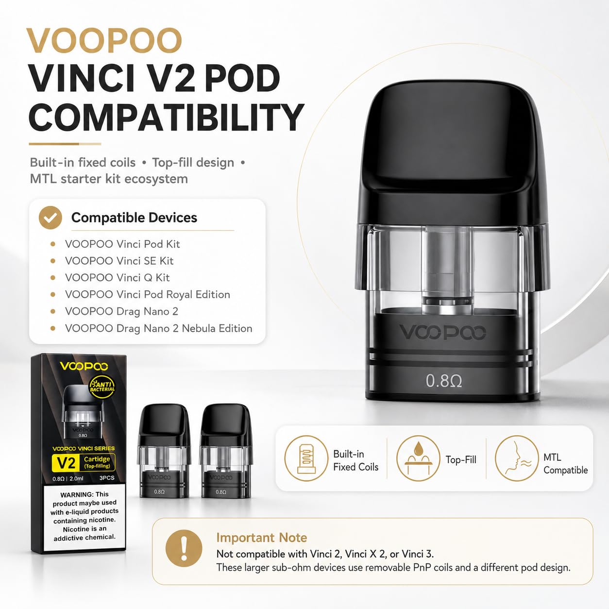 VOOPOO Vinci V2 Pods 0.8 Ohm 2ml [Pack of 3] - Compatible with: Vinci, Vinci  Q, Vinci SE, Drag Nano 2, No Nicotine No Liquid: Amazon.co.uk: Electronics  & Photo