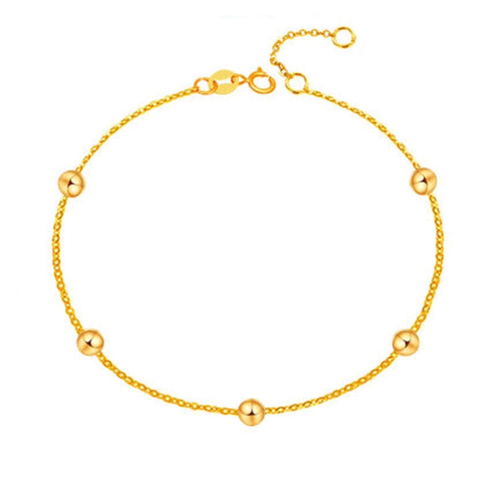 Tobillera de oro amarillo de 18 quilates para mujer, tobilleras con cinco cuentas ajustables de 9,5 pulgadas