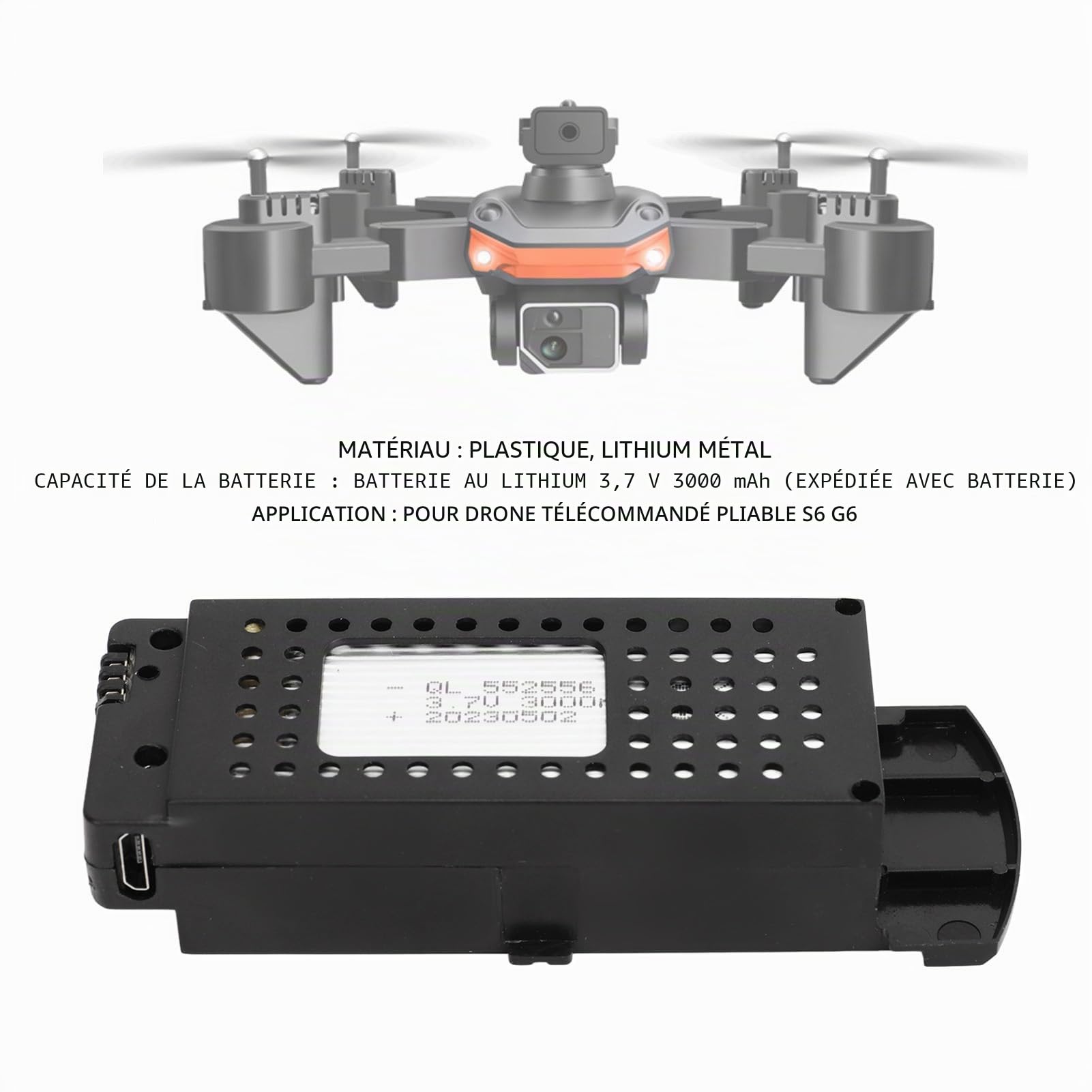 Batterie Lithium 3.7V 3000mAh pour Drone RC S6 G6, Batterie de Secours pour Drone télécommandé avec câble de Chargement 3 en 1, Batterie de Rechange pour Drone RC S6 G6
