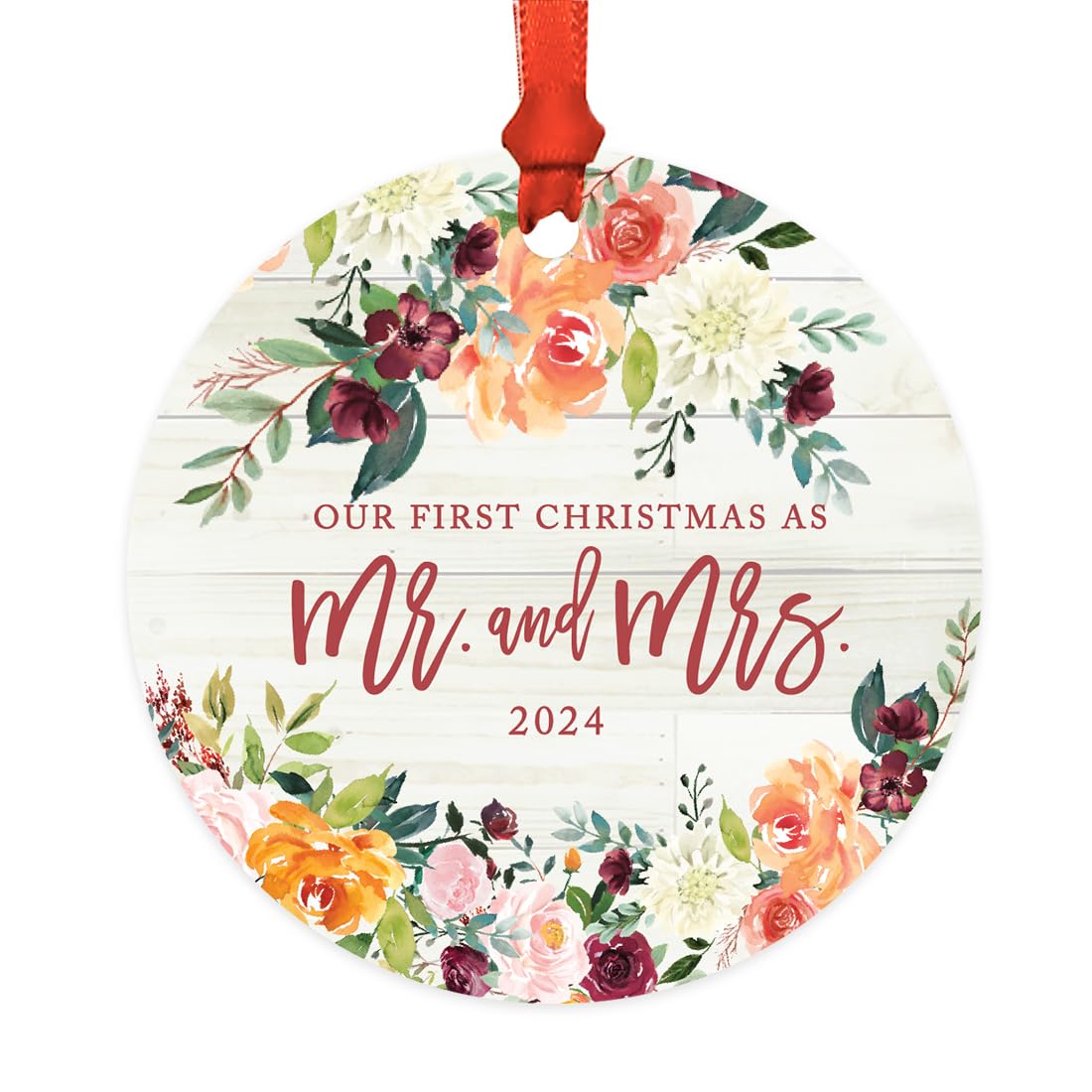 Andaz Press Custom Year Wedding Metal Christmas Ornament, Our First Christmas As Mr. and Mrs. 2024, Light Rustic Wood with Florals, 1-Pack, Includes Ribbon and Gift Bag