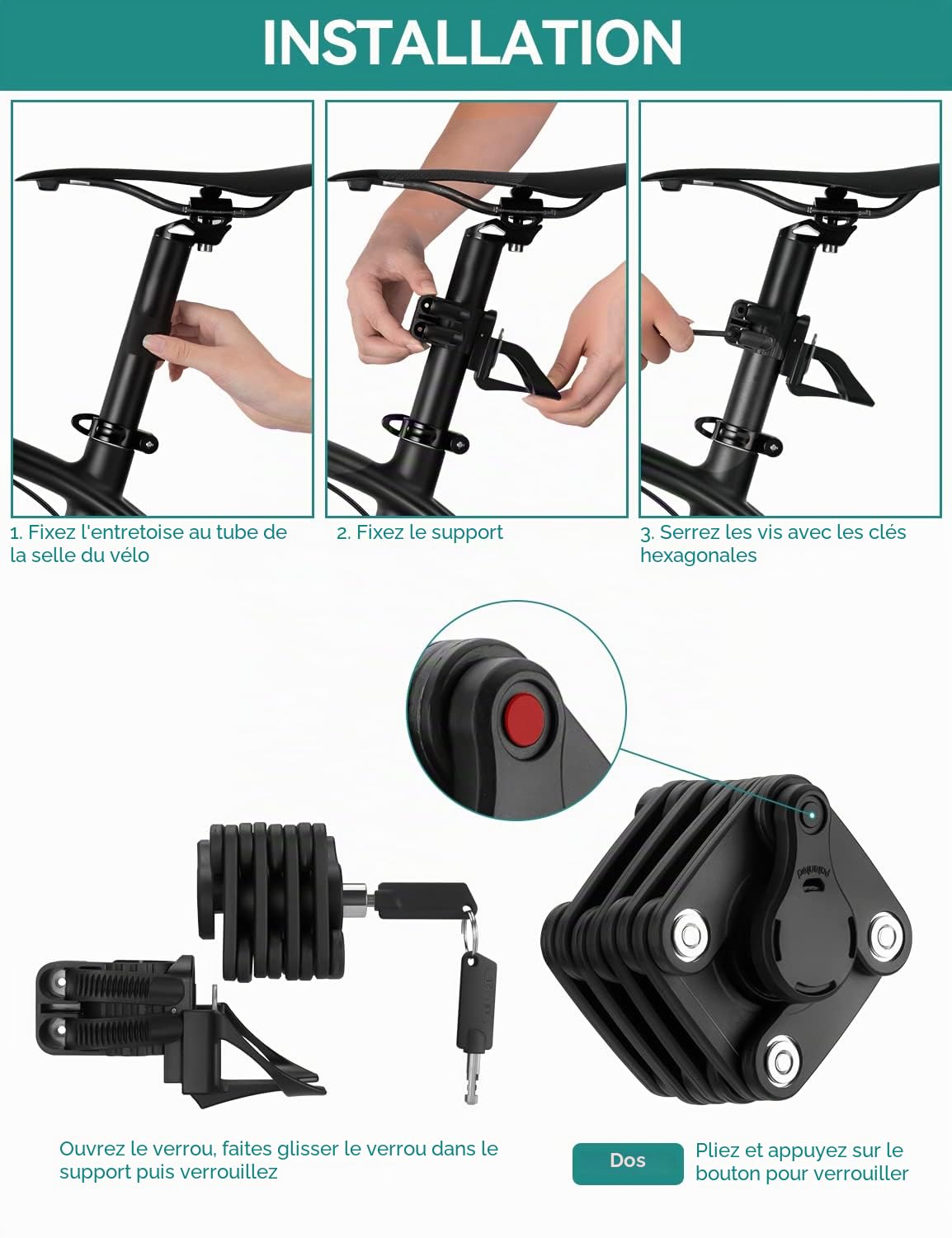 ROCKBROS Antivol Vélo Pliable en Acier Alliage de Zinc Cadenas Sécurité Portable avec Clés et Support de Verrouillage avec 2 Clés (Carré)