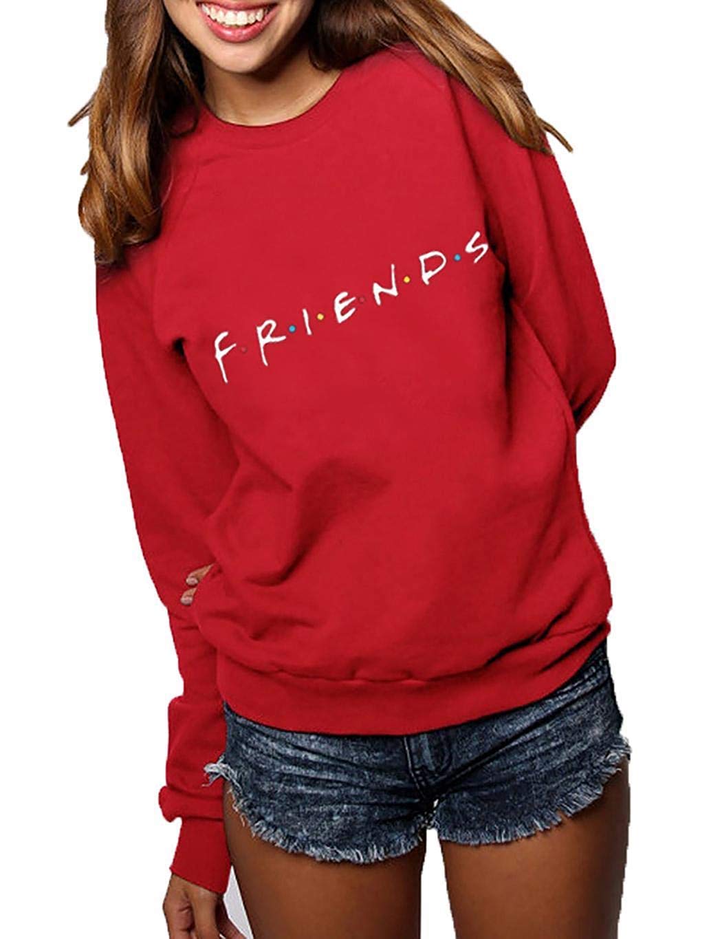 JOSUSY Womens Casual Friends Letter Print Long Sleeve Crewneck Pullover Sweatshirt T-Shirt Blouse Tops