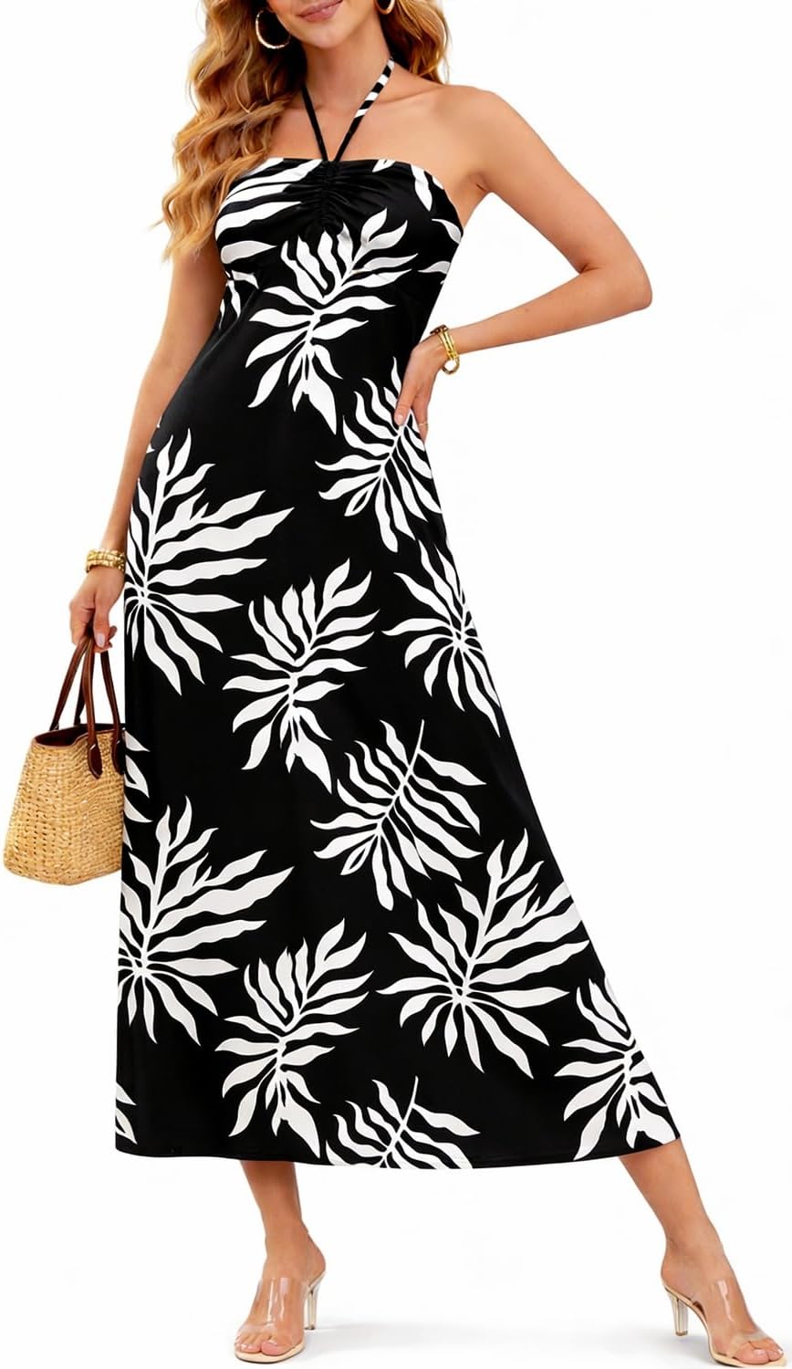 IHOT Women's Halterneck Floral Maxi Dresses Sleeveless Summer Casual Beach Vacation Dress