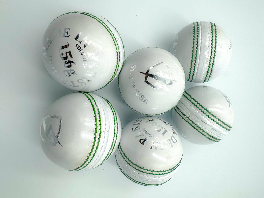 Premium Cricketbälle aus Leder, 6 Stück, weiß, grüne Naht, 156 g