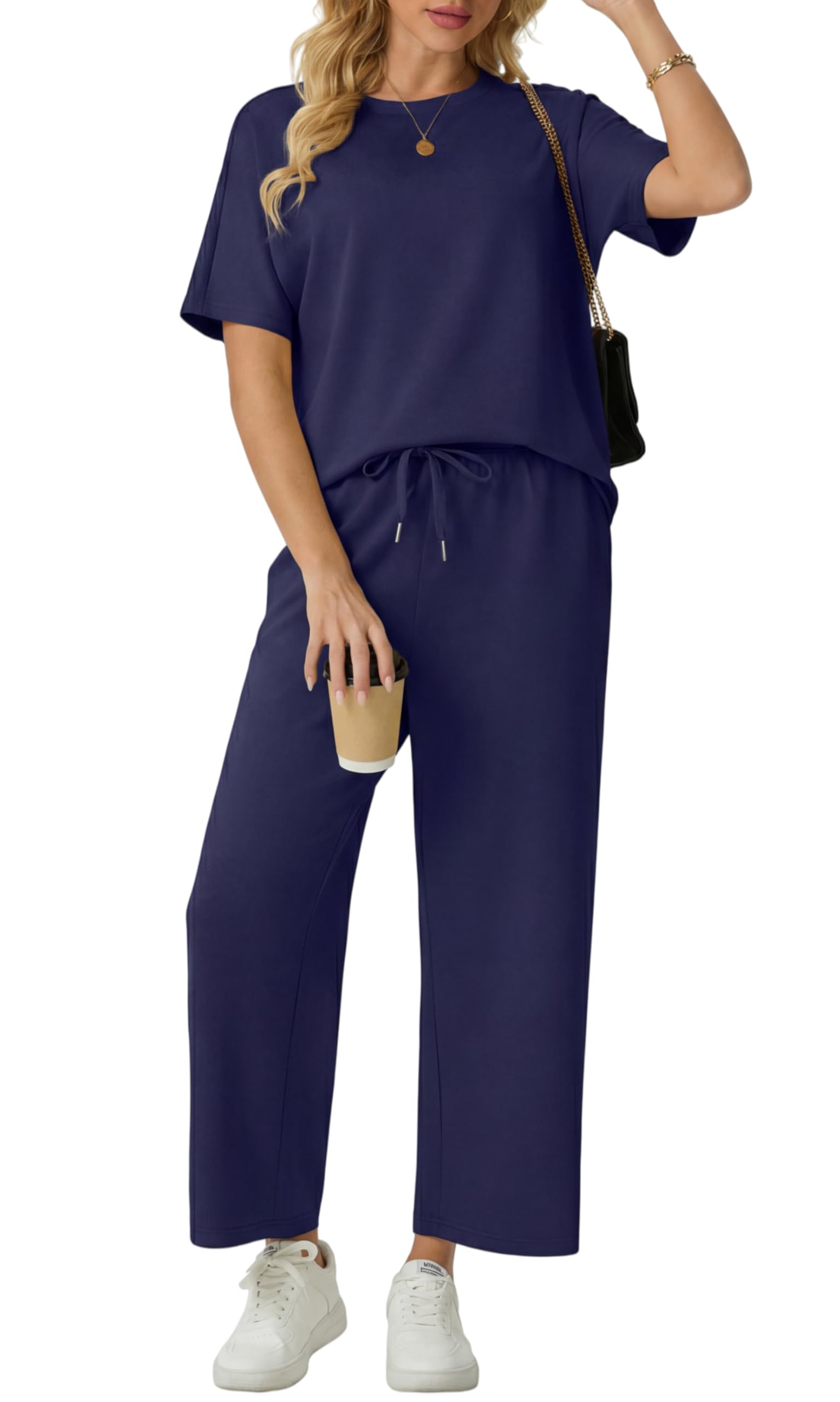 GRECERELLE Jogginganzug Zweiteiler Damen Sommer Trainingsanzug Outfits Tracksuit Kurzarm Lässige Rundhals Tshirts und weite Jogginghosen Trainingsanzüge mit Taschen