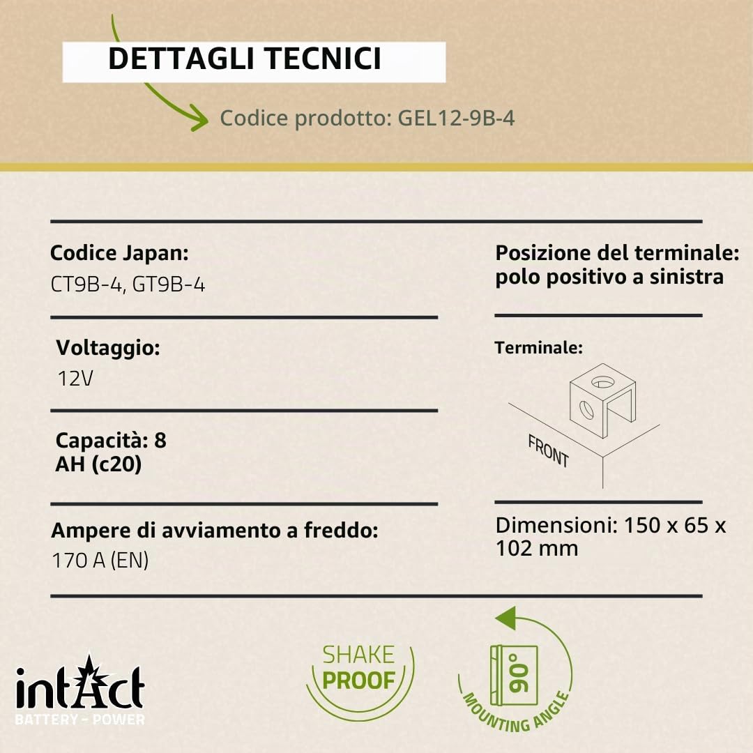 intAct - BATTERIA MOTO AL GEL Bike-Power GEL12-9B-4. Sostituisce YT9B, YT9B-BS. Batteria moto 12V 8Ah 170A. Dimensioni: 150x65x102mm. Con fino al 30% in più di potenza di avviamento.