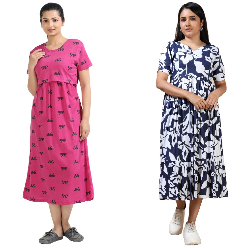 Mayaval Women’s Maternity Dress & Kurti Combo – Pink Feeding Dress with Black Bow Print & Navy-White Floral Nursing Kurti-picture-12
