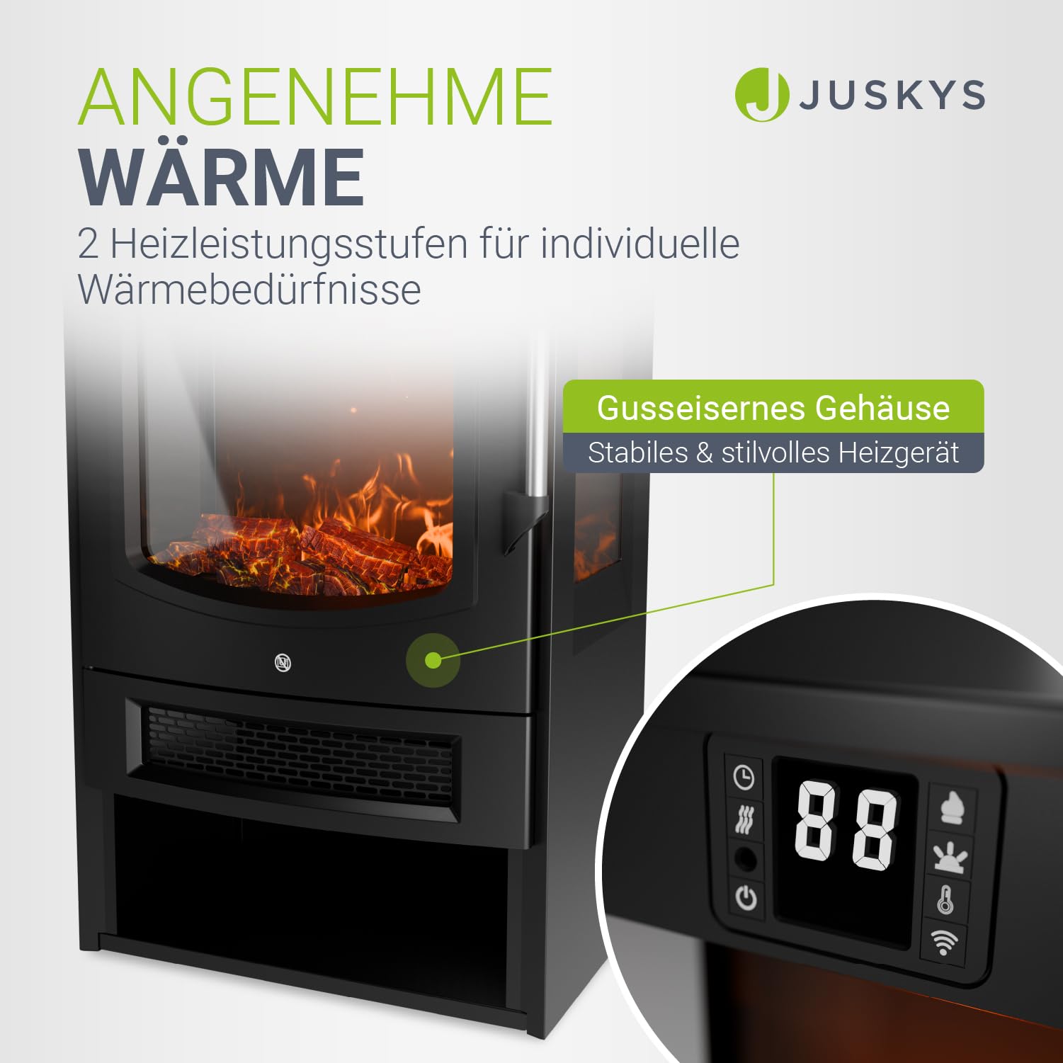 Juskys® Elektrokamin 1800W — Schwarz, elektrischer Standkamin mit LED-Flammeneffekt, WLAN/App-Steuerung, Fernbedienung