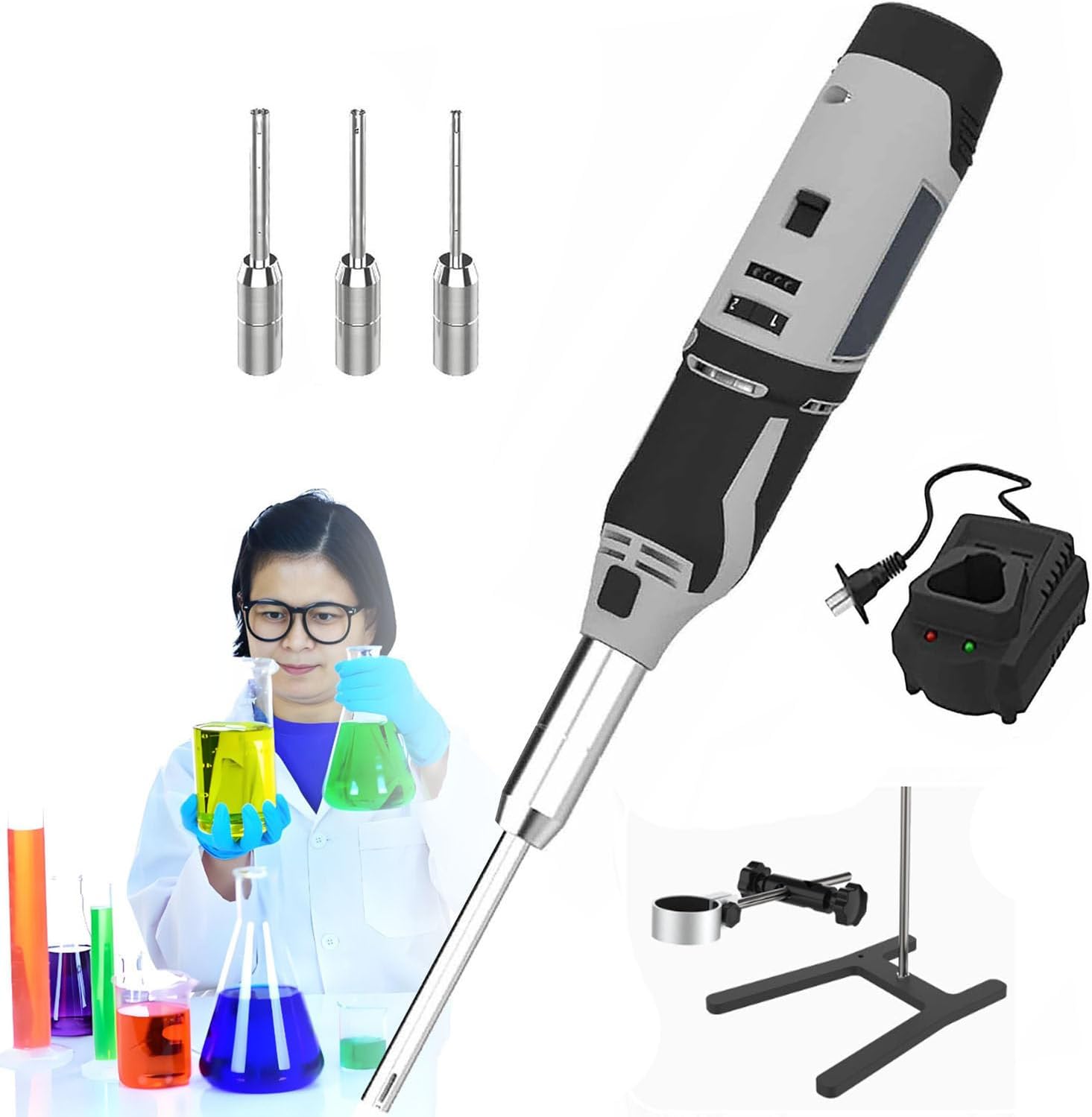 Homogenizer Handheld Emulsifier Mixer - High Speed Cell Tissue Disruptor with 6 Adjustable Gears, 5000-35000rpm, Plug-in with Base for Laboratory Use