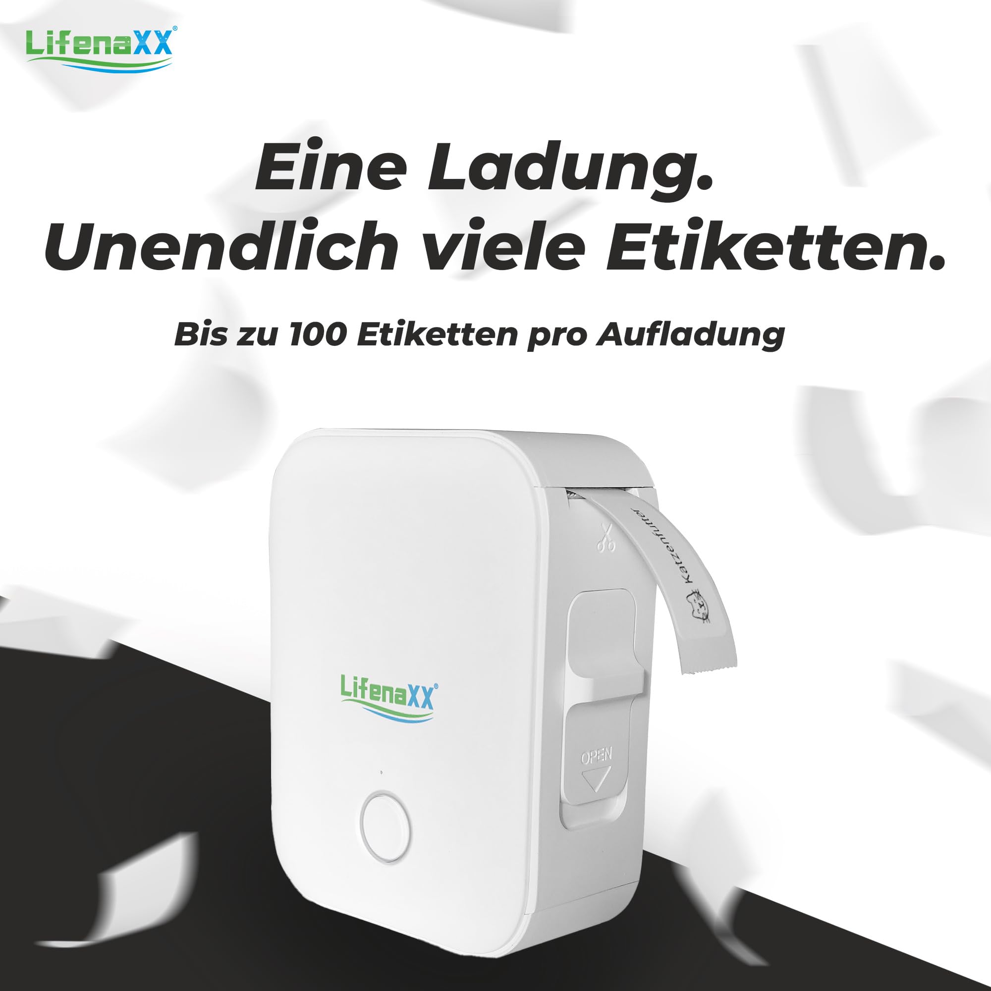 Lifenaxx Tragbarer Thermodrucker mit Etiketten LX-048 - Drahtloses, appbasiertes Drucken, USB-C wiederaufladbar, 1000 Etiketten pro Ladung - Mini-Tintenloser Etikettendrucker für Zuhause & Büro