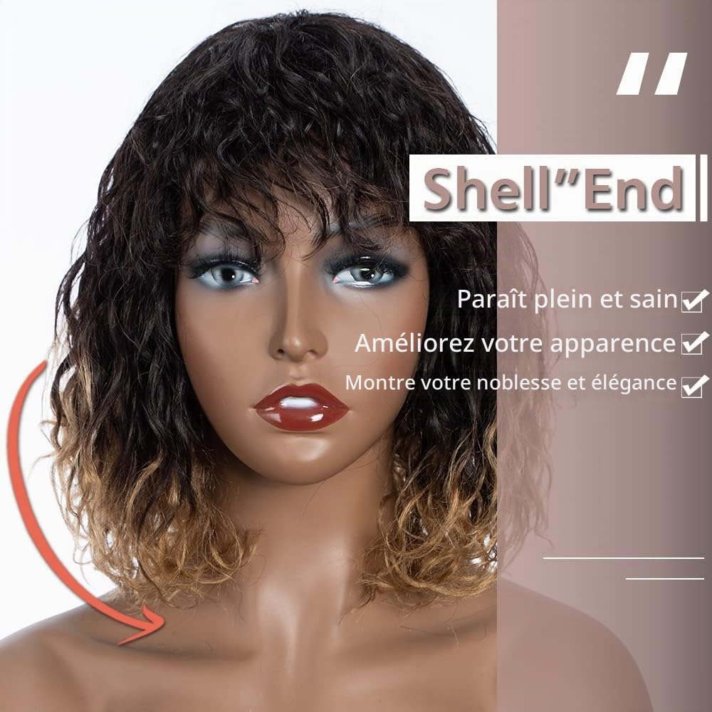 FASHION IDOL Bob Perruque de Cheveux Humains Bouclés pour Femmes Noires 25CM Brésilienne Vierge de Cheveux Humains Courte Perruque Ondulée en Eau Profonde avec Frange 150% Densité (25CM, Or)