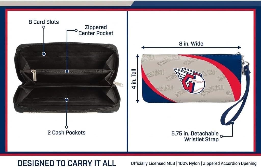 Littlearth MLB Cleveland Guardians Curve Zip Organizer Wallet, Wristlet and Wallet in One, Team Color, 8 x 4 x 1 Inches