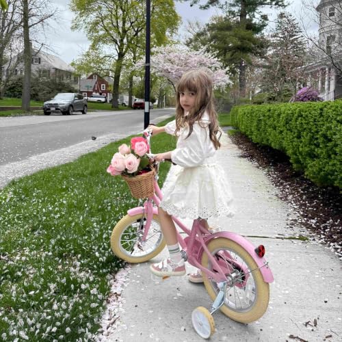 Image of Glerc Little Molly 12-20 Inch Kids Retro Cruiser Bike for 2-13 Year Old with Wicker Basket & Training Wheels /Kickstand, Multiple Colors