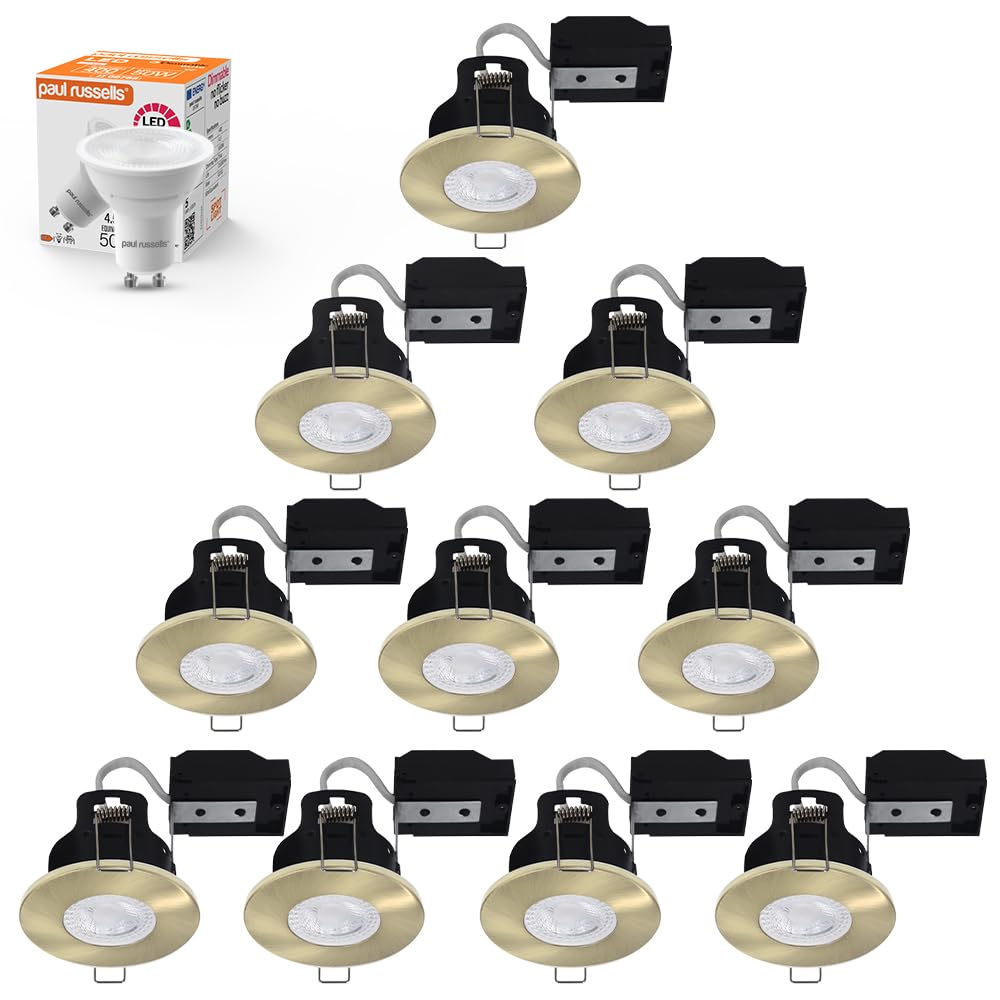 paul russells Dimmable LED Downlights Recessed Ceiling Lights Fire Rated GU10 Spotlights 65-70mm Indoor Down Lights, IP20, 4.5W = 50W Equivalent, Daylight Bulb 6500K, Antique Brass Bezel, 10 Packs — image 1