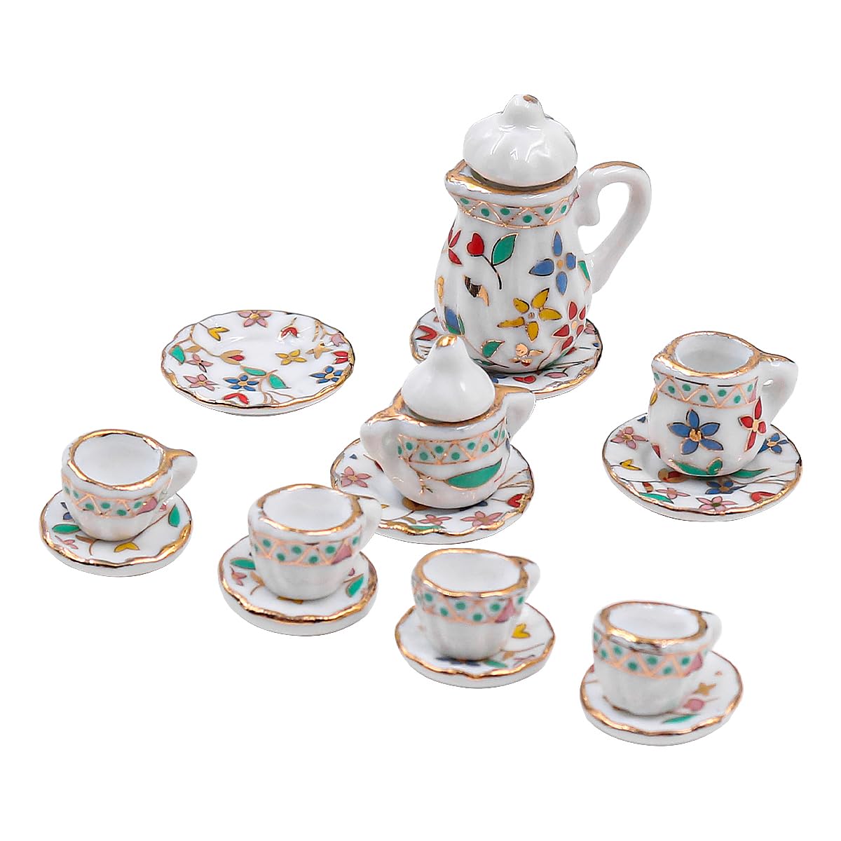 CENPEK Dollhouse Ceramic Tea Set 1:12 Dolls House Accessories with Mini Fork Spoon Cutlery for Dollhouse Scene Decoration -Blue and White Porcelain