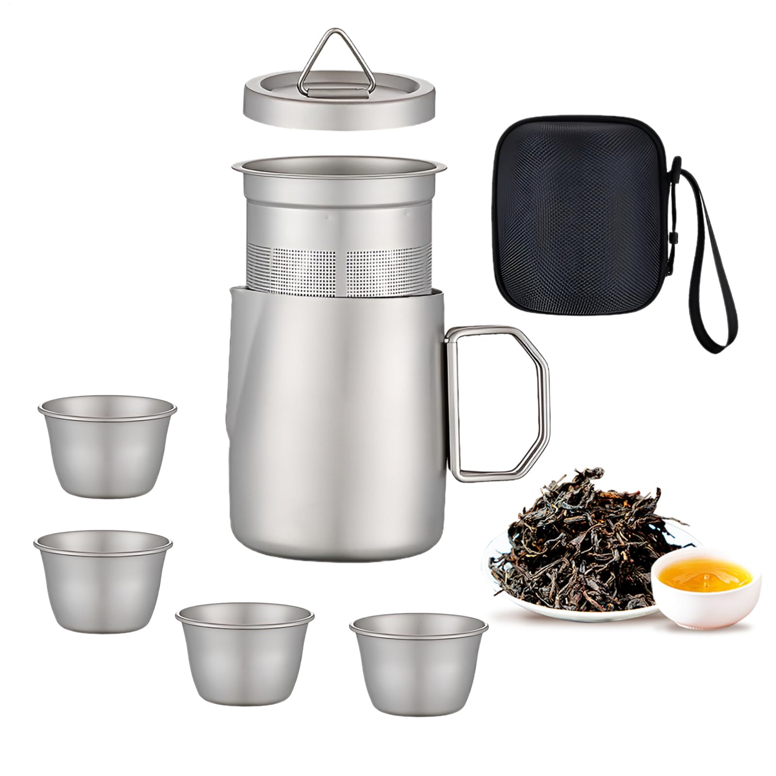Zestaw Do Herbaty Przenośny Kubek 50 Ml | 4 Filiżanki Z Dzbankiem I Zaparzaczem na świeżym powietrzu, w podróży, na piesze wycieczki, piknik, w domu, wewnątrz, dla