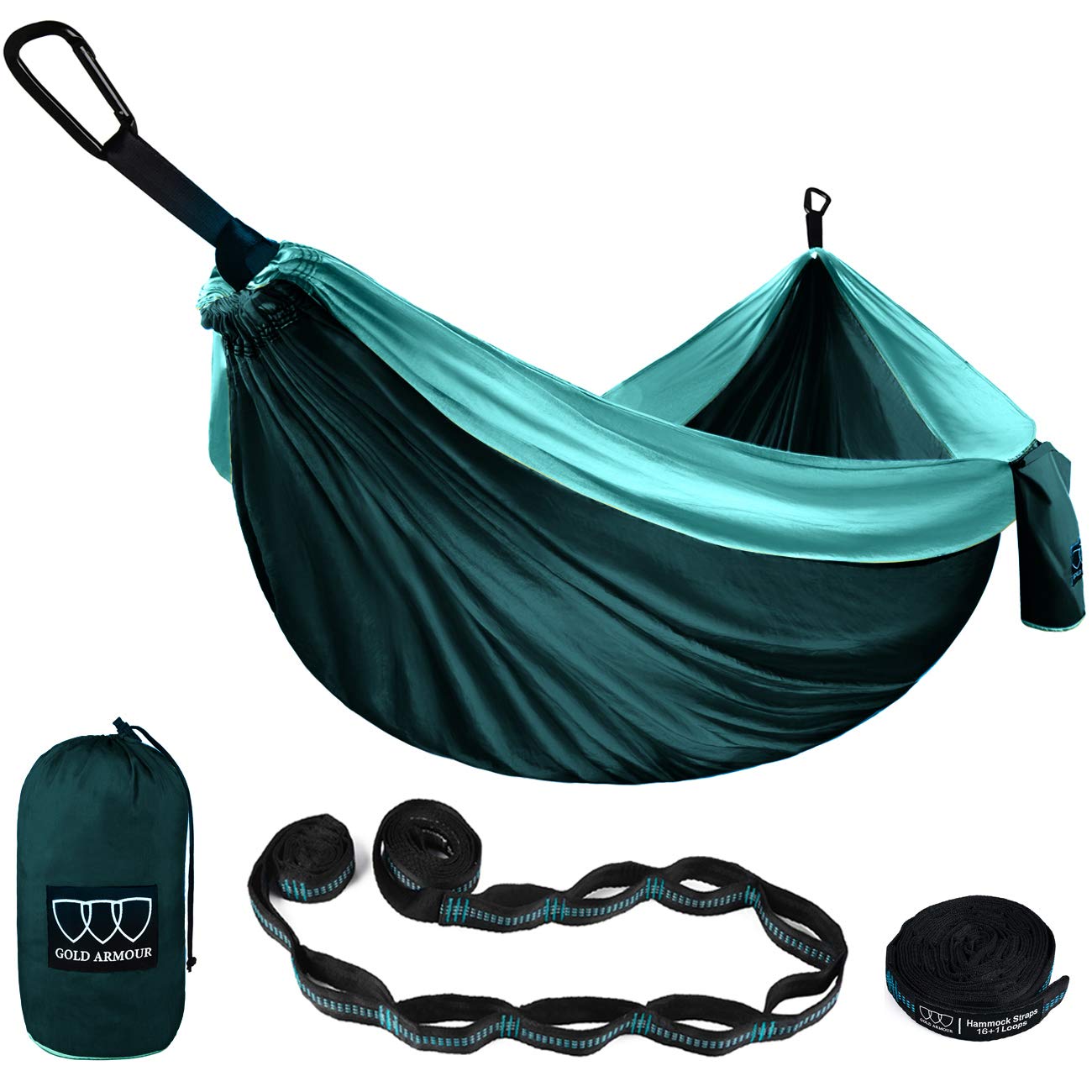Gold Armour Camping Hammock - XL Double Hammock Portable Hammock Camping Accessories Gear for Outdoor Indoor with Tree Straps, USA Based Brand (Turquoise and Seafoam)
