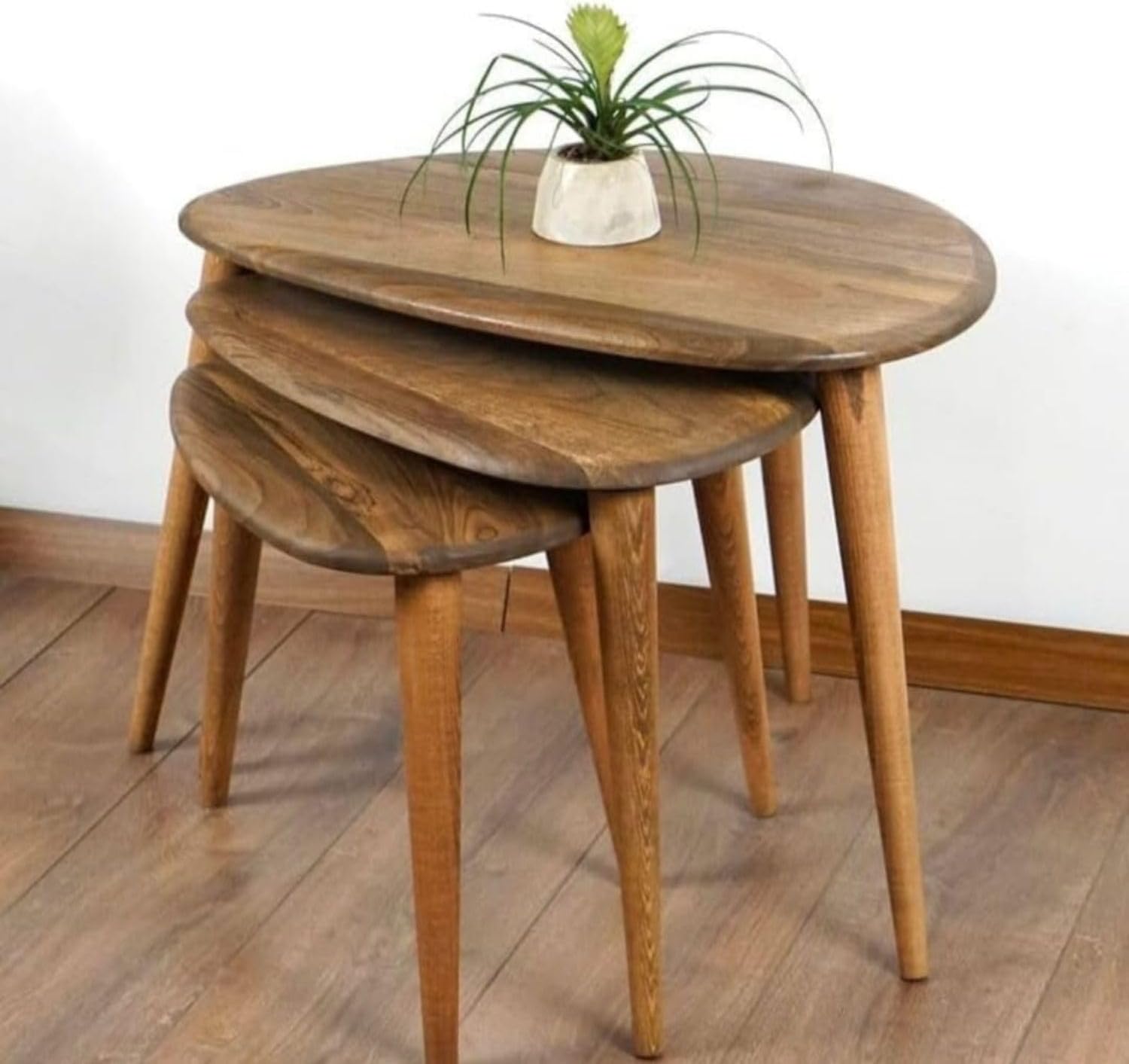 Solid Nesting Table Set of 3 Walnut Mid Century Pebble Tables with Tapered Legs Wooden Home Furniture in a Retro Style
