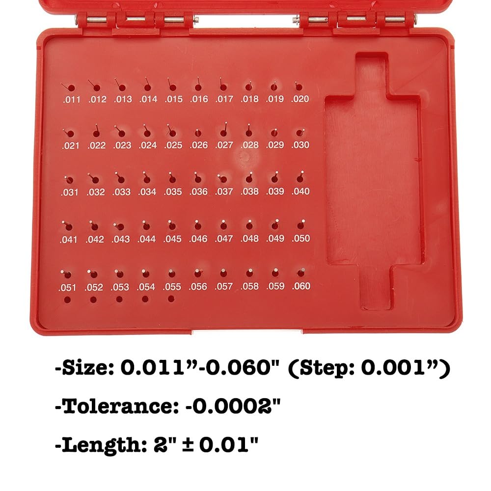 0.011”-0.060” Pin Gauge Set, Steel Gauge Pin Set with Storage Case, 50pcs Pin Gage Set, M0- Tolerance, Calibrates Gauge, Measures Hole Core Deviation Groove Keyway...