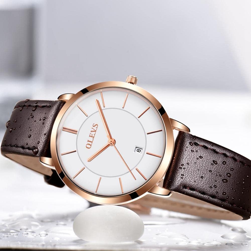 OLEVS Ladies Quartz Watch Minimalist Casual Ultra-Thin Design & Leather Strap & Waterproof & Date Elegant Watch