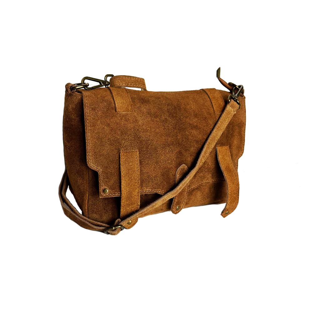 Borsa a Tracolla Donna in Vera Pelle Scamosciata – Stile Messenger con Patta e Tracolla Regolabile – Made in Italy – Elegante, Capiente, Chiusura Magnetica – 32x20x11 cm