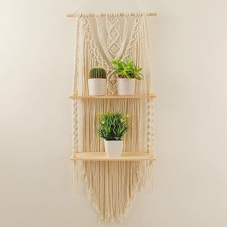 Macrame Wall Hanging Shelf - Boho Indoor Hanging Shelves for Wall - Decorative Bohemian Floating Plants Room Storage Shelving Macrame Rope Decor Organizer Rack, 2 Tier Indoor Handmade Plant Shelves