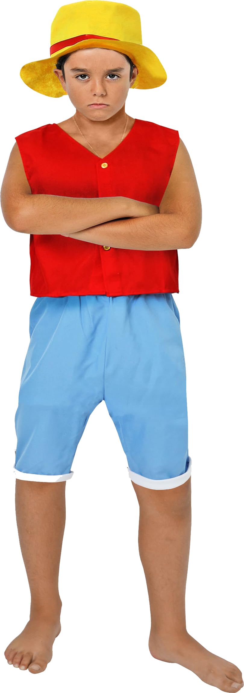 Gojoy shop-Disfraz de Sombrero de Paja Cosplay para Niños y Adulto Carnaval Halloween(Contiene:Sombrero,Chaleco,Pantalón Corto y Mochila de Cuerdas.)