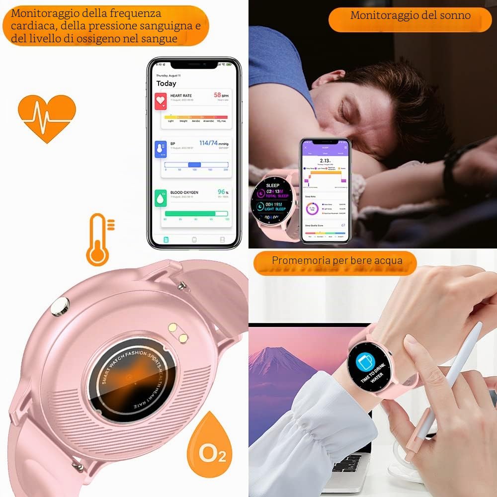 0,8cm Ultra Sottile Orologio Intelligente Tracker di Fitness Contapassi con Funzioni Monitoraggio di Frequenza Cardiaca, Pressione Sanguigna, Ossigeno nel Sangue e Sonno, Notifica Push Messaggio