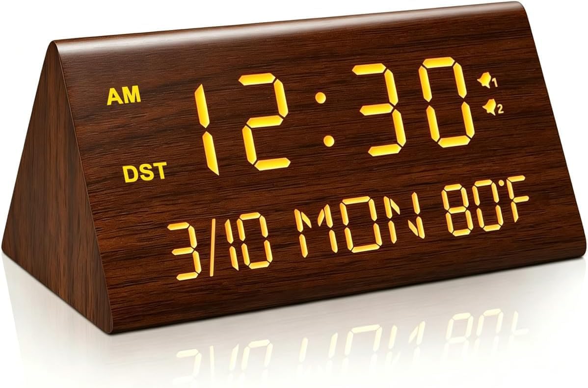 Kogonee Wooden Digital Alarm Clock, Brightness Adjuster 0-100%, 2 Alarms, Week/Daily Mode, 9-Minute Repetition, Temperature and Date Display for Office/Travel