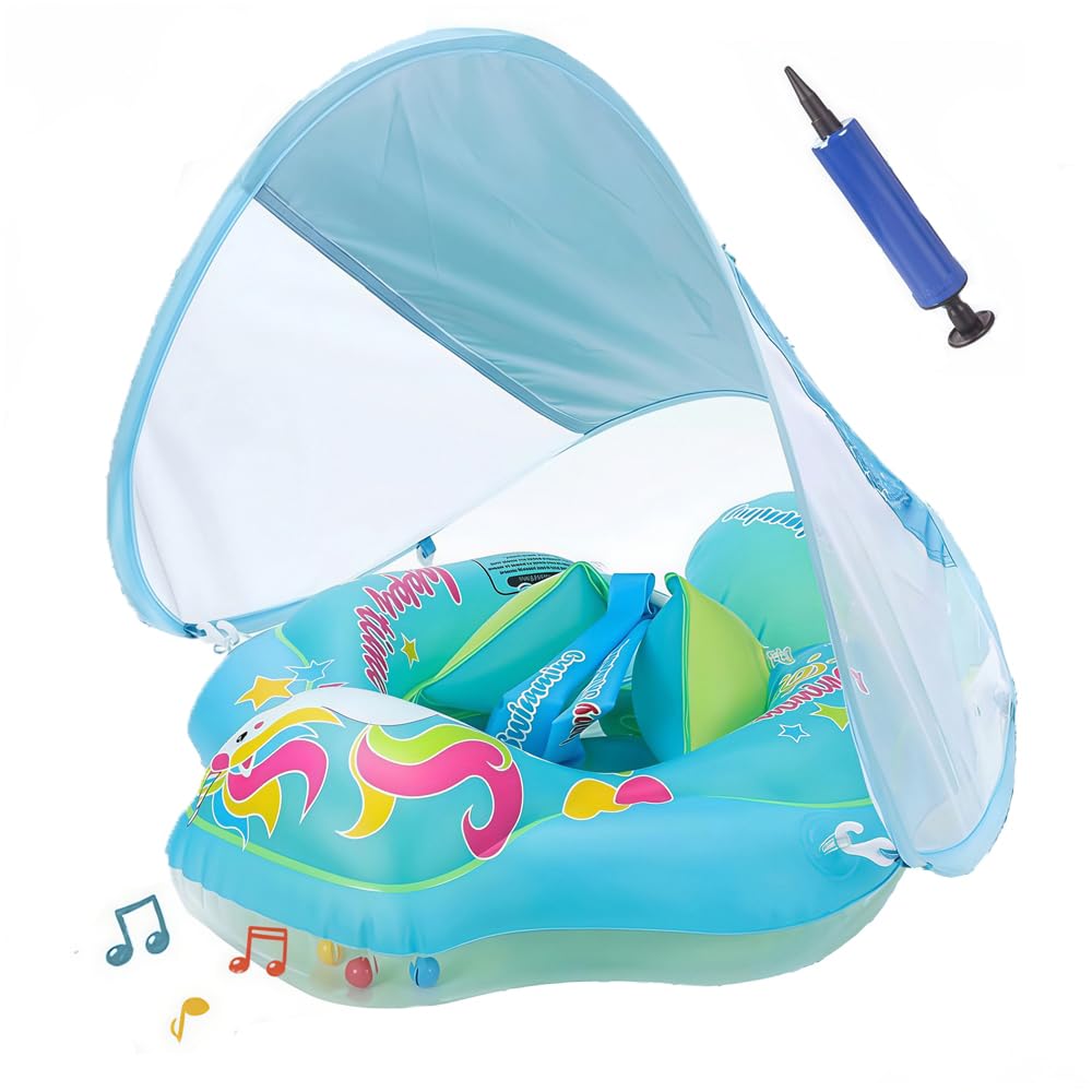 Baby Schwimmring mit Sonnendach Abnehmbaren,Schwimmring mit Sonnenschutz Verstellbare,Aufblasbarer Schwimmreifen Baby,Schwimmtrainer Float für ab 3-36 Monate