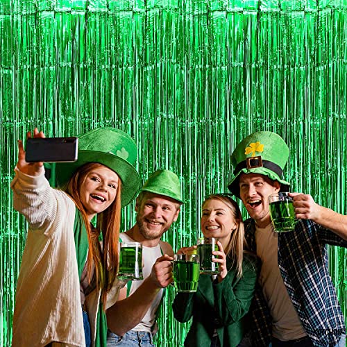 Image of 4 Pack Green Foil Fringe Curtain Backdrop, 3.28Ft x 8.2Ft Metallic Tinsel Foil Fringe Streamer Curtains for Photo Booth Props Decor Party Supplies