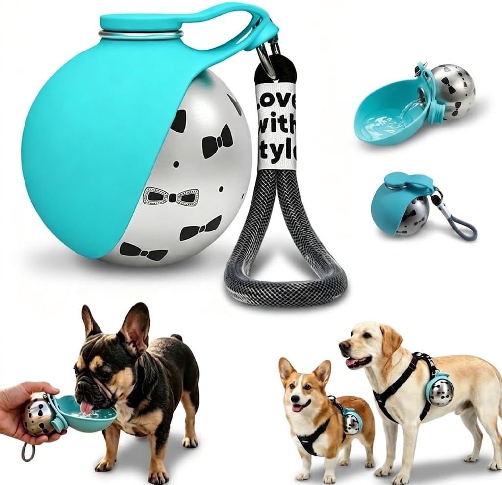Leak-Proof Dog Water Bottle Portable, 10oz Stainless Steel No-Spill Dog Travel Water Bottle with Silicone Foldable Bowl, 2 in 1 Portable Dog Water Bottle for Walking, Hiking, Travel & On The Go