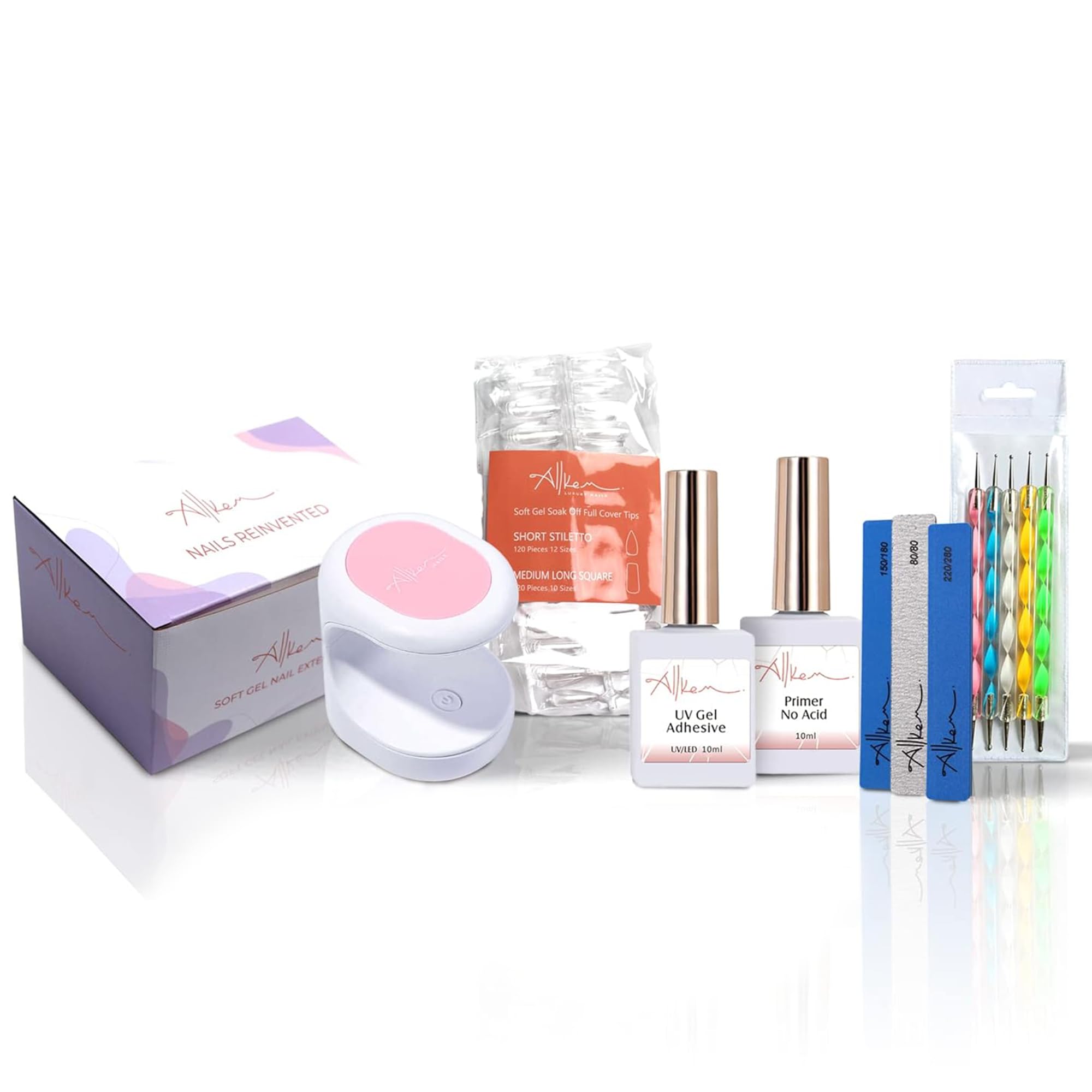 Allkem Soft Gel Full cover Nail Tips and UV Glue Gel Kit with Portable UV Light 240PCS Short Stiletto & Medium Square Shape