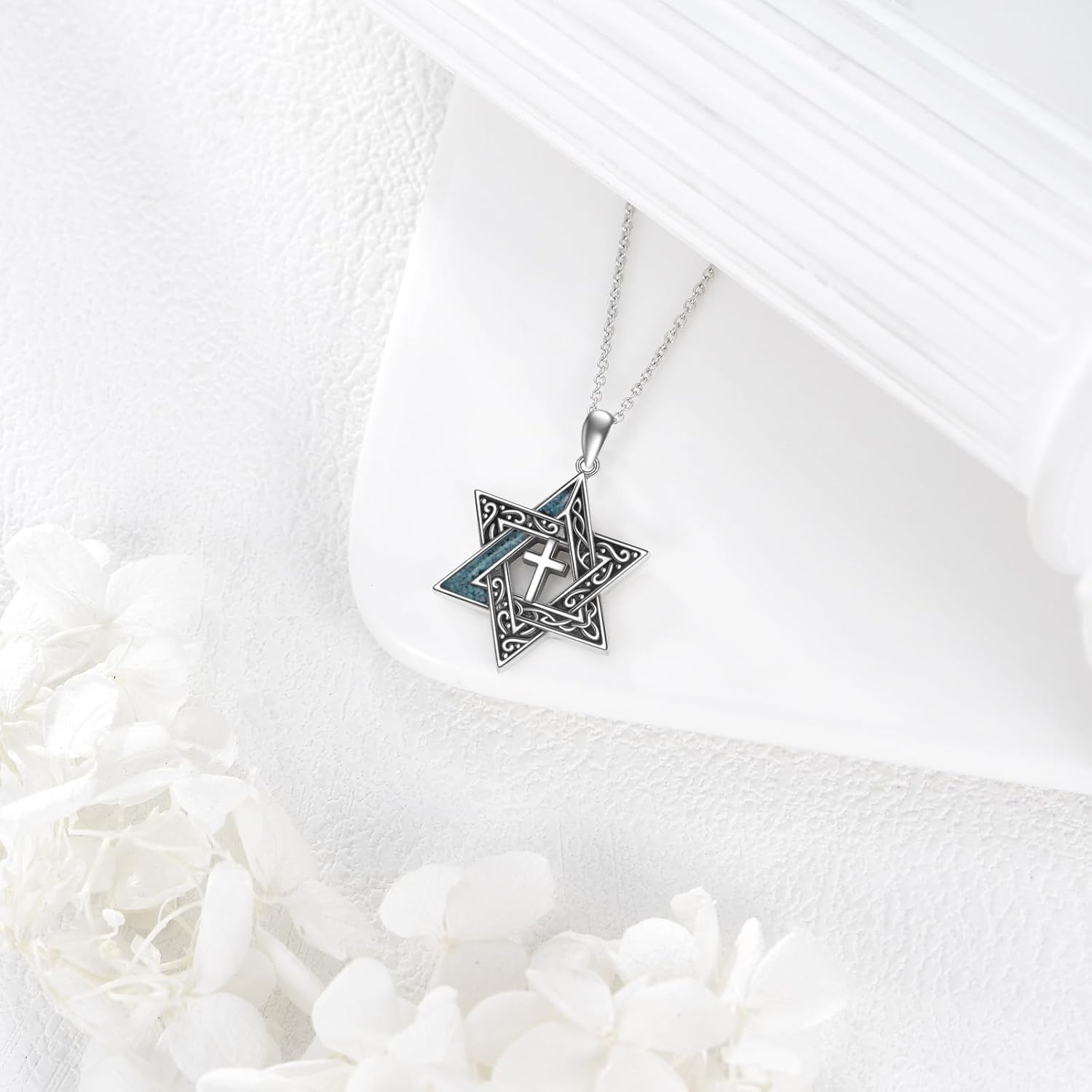 YAFEINI Star of David Necklace S925 Sterling Silver Turquoise Cross Star of David Pendant Necklace Jewish Jewelry Gifts for Women Female - Image 6