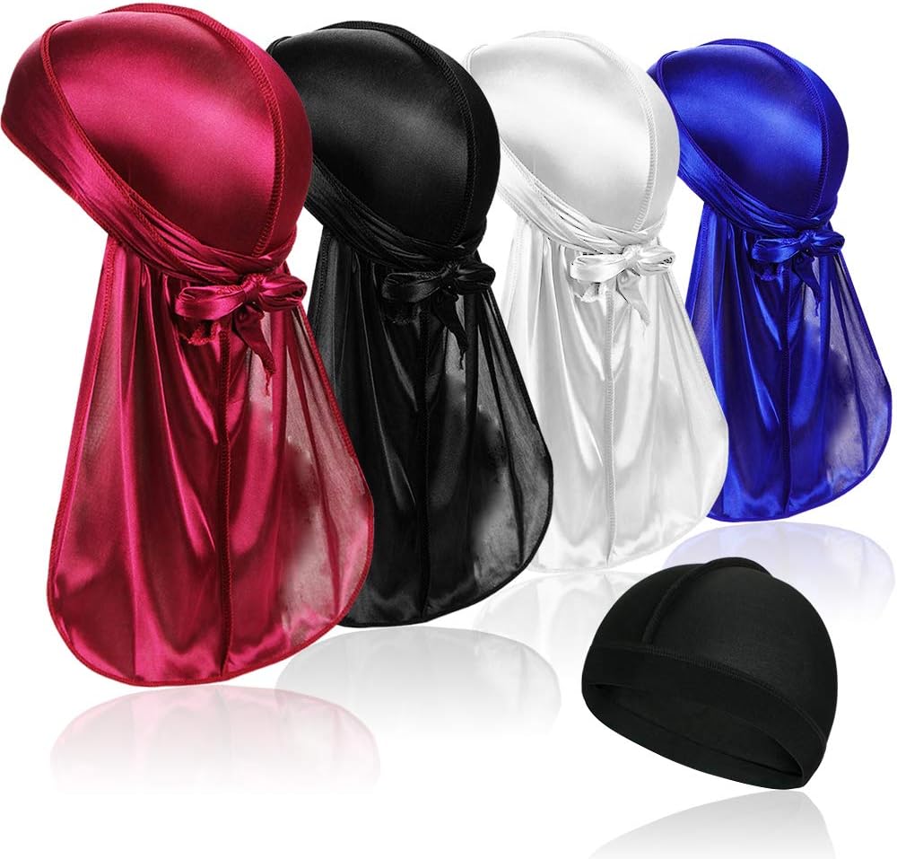 4 Pcs Silky Durag Caps Headwraps with Long Tail and 1 Piece Silk Wave Cap Perfect for Men 360 Waves