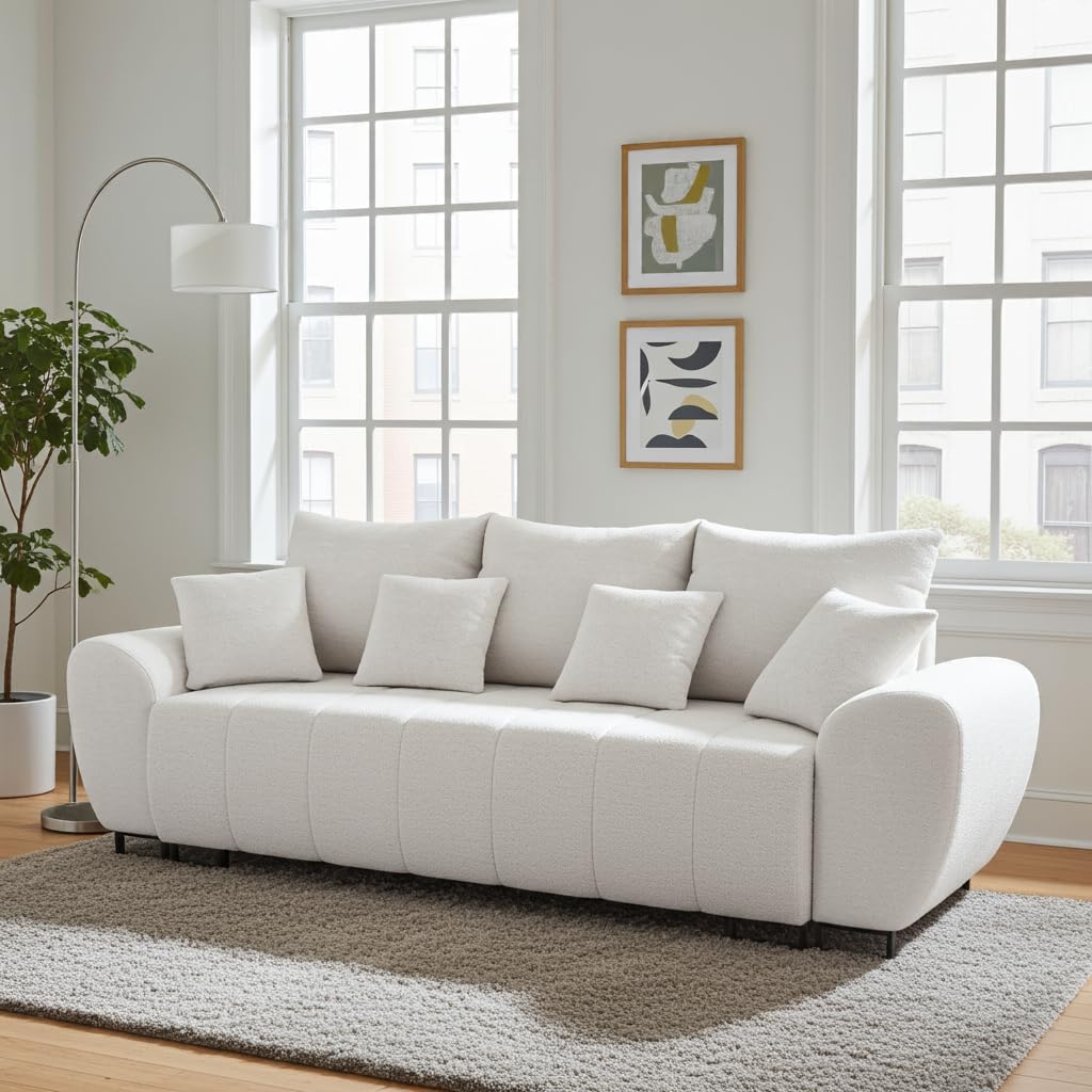 Ragnar 3 Modernes Schlafsofa, Weiß, Boucle Stoff, 270x103x83 cm, Schlaffunktion 150x200 cm, Bettkasten, Wohnzimmer Couch mit 7 Kissen, Metallbeine