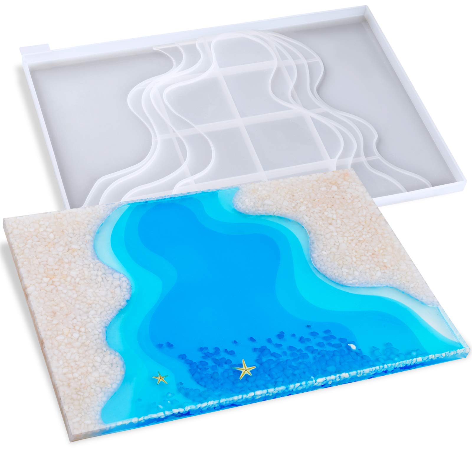 NiArt Epoxy Resin Silicone Mold Large 14.6"x9.8" Rectangle Serving Tray Mountain River Ocean Terracing Landscape Coaster DIY Art Casting Home Decor Ornament Rolling Tray Jewelry Dish Candle Holder