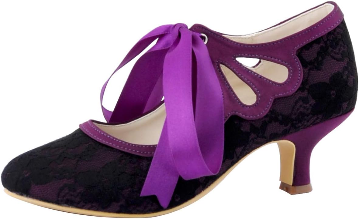Elegantpark HC1521 Women's Mary Jane Low Heels Prom Closed Toe Lace Satin Ribbons Wedding Party Court Shoes