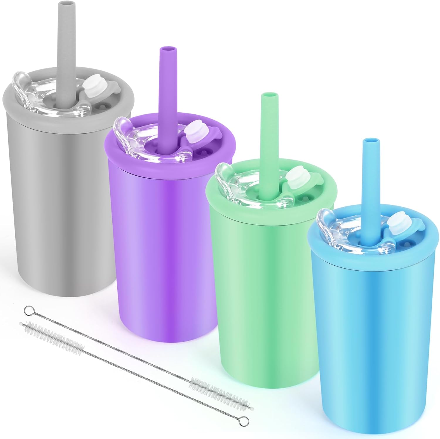 12oz Stainless Steel Kids & Toddler Drinking Cups, Double Walled Insulated Kids Cups with Straws and Lids Leak Proof, Set of 4, Dishwasher Safe
