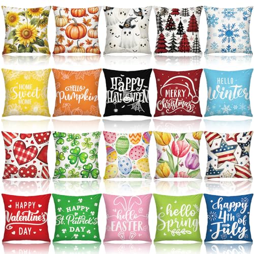 Mindsoft 20 Pcs Holiday Pillow Covers 18 x 18 Summer Pillow Cover 4th of July Fall Pillowcase Decorative Seasonal Cushion Case for Farmhouse Home Sofa(Holiday)