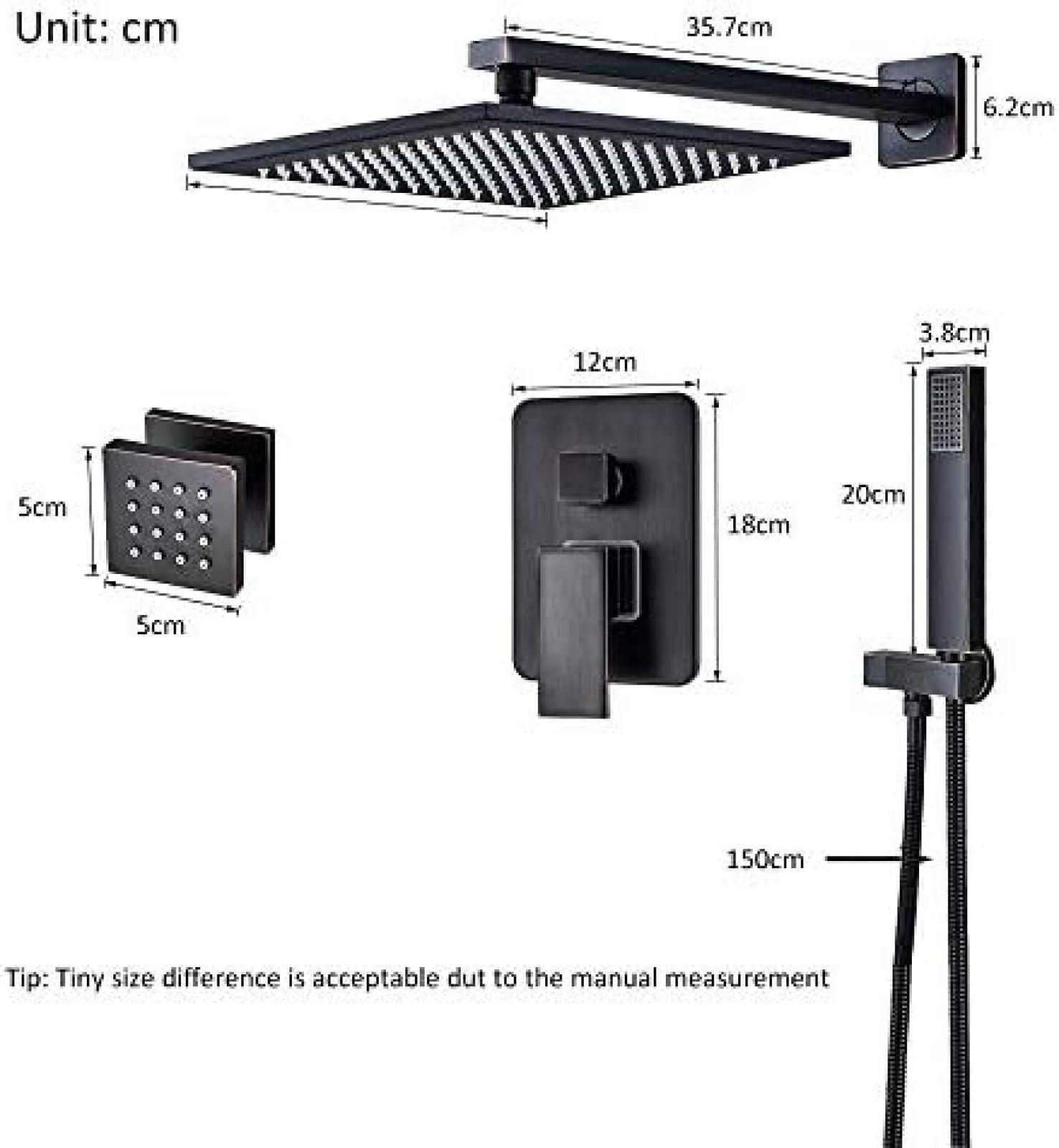 Set di rubinetti Doccia a LED, soffione Doccia a Pioggia Nero, 6 getti massaggianti Spa, Miscelatore a 3 Vie Acqua Calda e Fredda per Vasca e Doccia - Set da 12 Pollici,