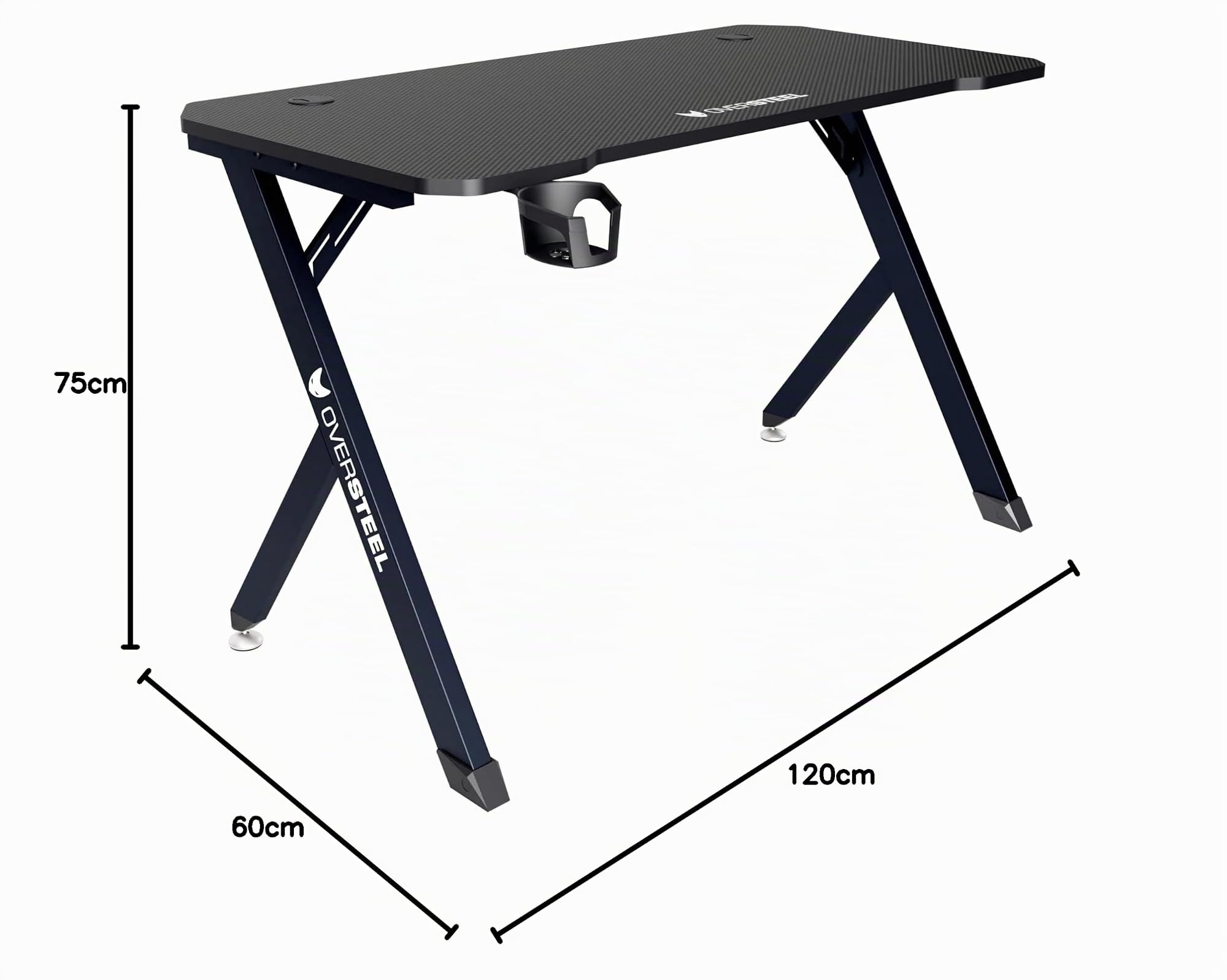 Oversteel - Vitallium Mesa Gaming 120x60x75 cm, Superficie de Fibra de Carbono, Ergonómica, Soporte para Vasos y Auriculares, Escritorio de Ordenador, Negro
