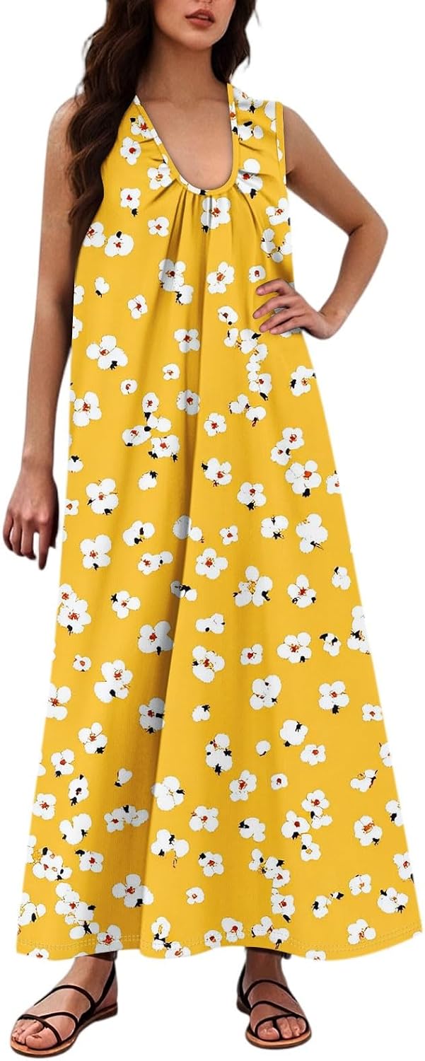 Womens Summer Maxi Dresses Sleeveless Boho Floral Casual Loose Long Linen Sundress Flowy Beach Vacation Tank Dress