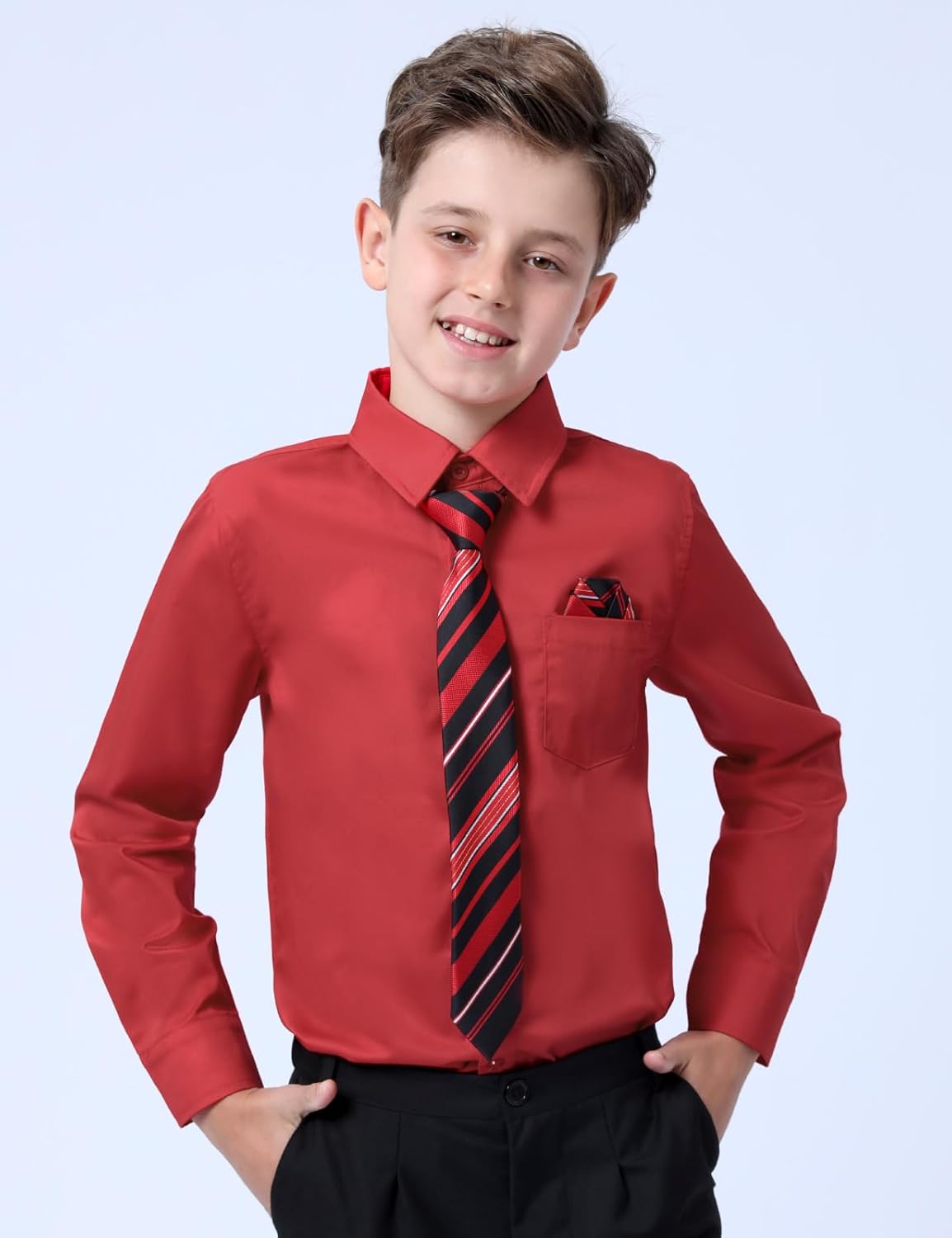 A&J DESIGN Boys Dress Shirt Kid Long Sleeve Formal Uniform School Oxford Button Up Shirt with Tie and Handkerchief - Image 2