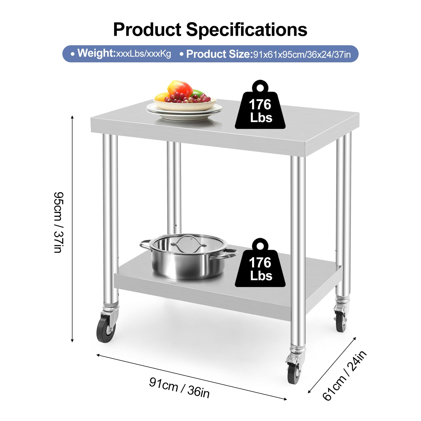 GarveeTech Mesa de trabajo de acero inoxidable, mesa de cocina ajustable con ruedas para preparación de alimentos, 91 x 60 cm, mesa de metal profesional para restaurante, hotel, cocina grande