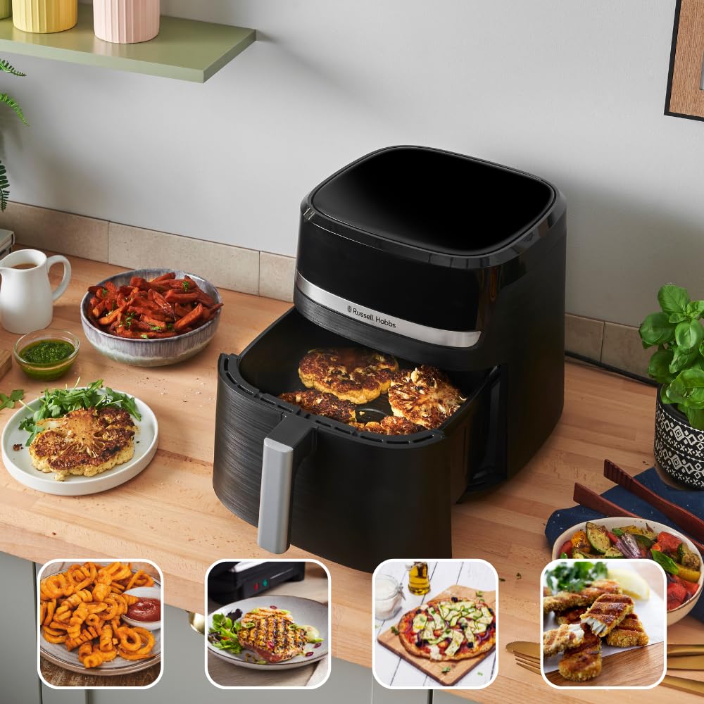 Russell Hobbs Freidora de Aire, Air Fryer, Freidora sin Aceite 8,3 L, XXL [tamaño compacto, bajo nivel ruido, pizzas de 26 cm] Satisfry (piezas aptas lavavajillas, pantalla táctil, grill) 27632-56