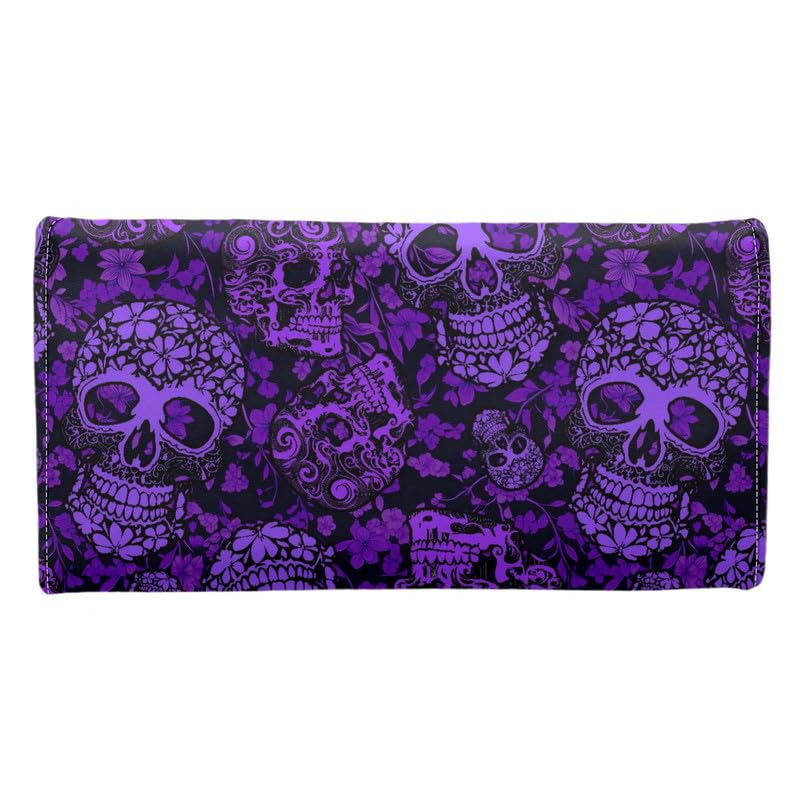 Jolamirel Women's Purple Skull Floral PU Leather Tri-fold Zipper Wallet, Candy Skull Buckle Elegant Clutch
