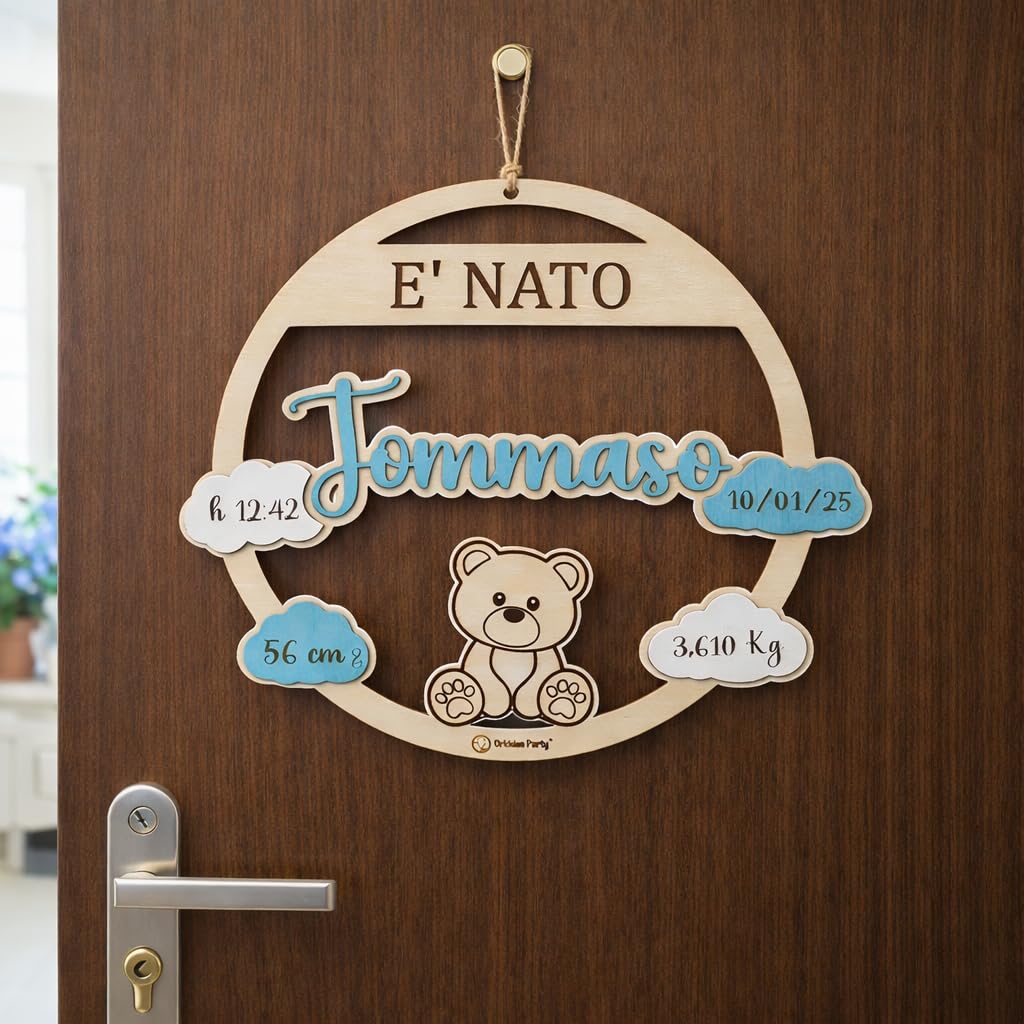 Orkidea Party Fiocco Nascita per Bimba o Bimbo in Legno Personalizzabile, Decorazione Camera, Primo Regalo, per Baby Shower, per Feste.Circa 30cm di Diametro.Made in Italy